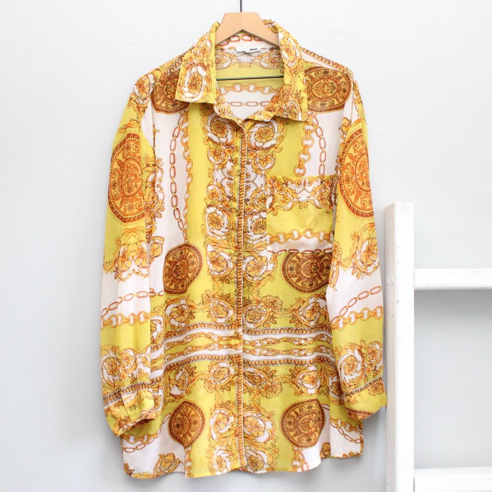 Fashion Nova Yellow White High Status Printed Lightweight Tunic Button Shirt XL